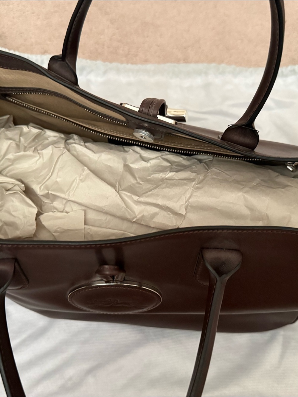 Longchamp Dark Brown Leather Satchel with Silver Accent - Picture 5 of 9